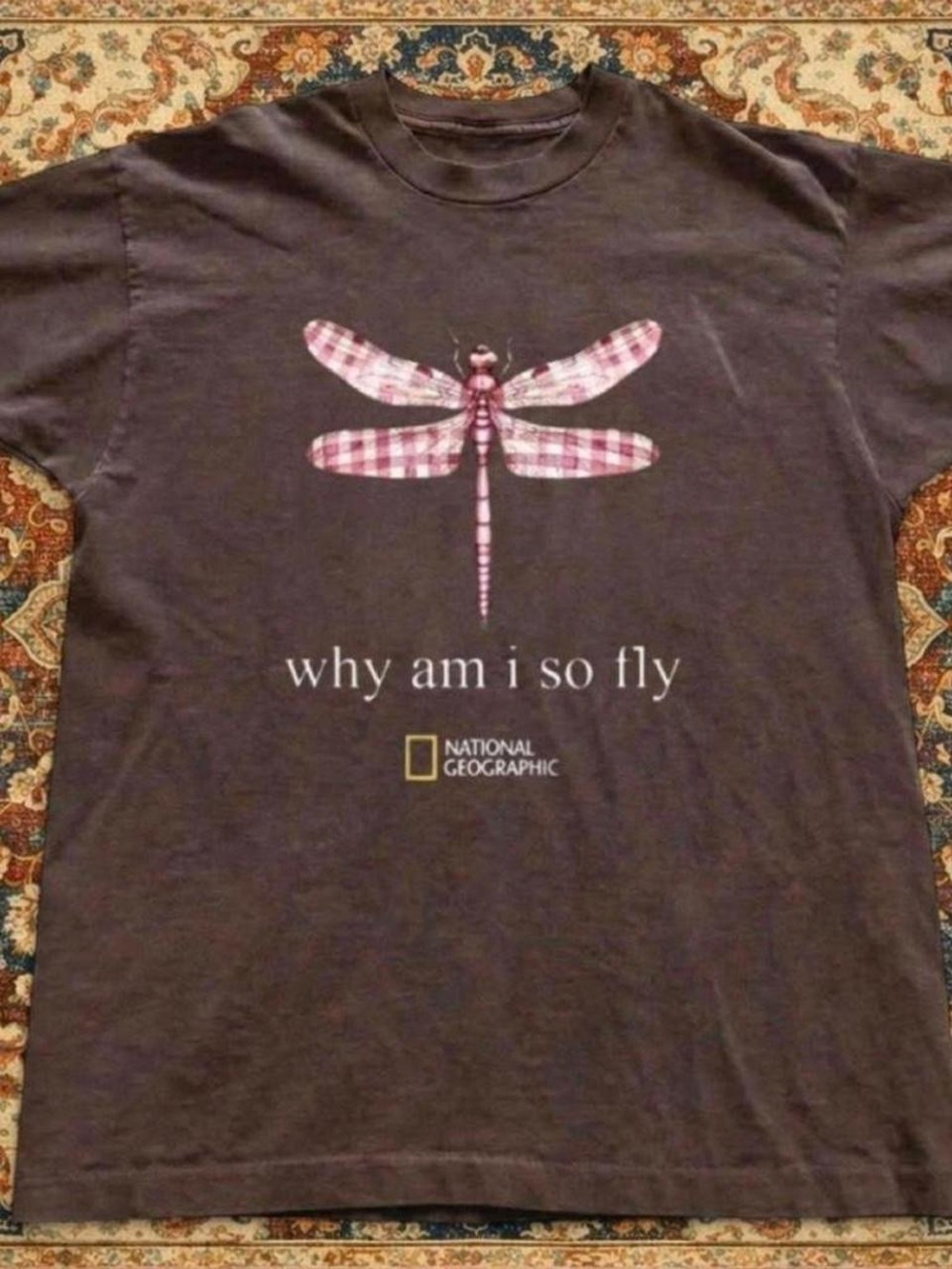 Gildan Brown Tee with Pink Plaid Dragonfly Graphic